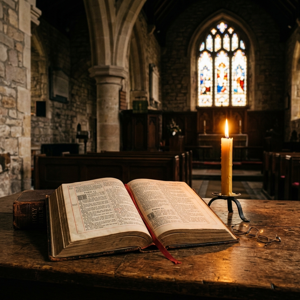 Open Bible on a table with a candle in a church