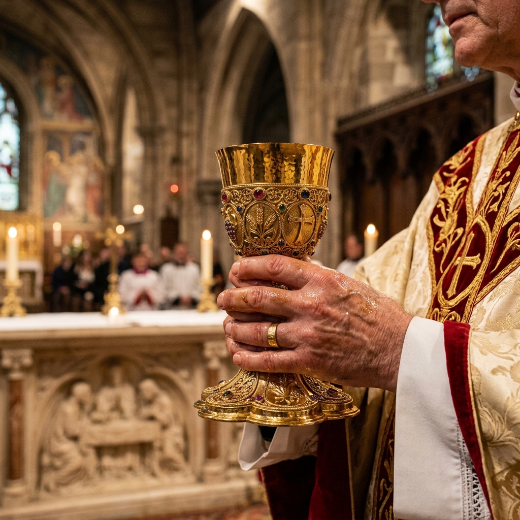 Priest holding a gold chalice inside church during liturgy