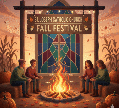 A vibrant fall festival scene with people roasting marshmallows around a bonfire, a "St. Joseph Catholic Church Fall Festival" sign, and a stained-glass window design in the background.